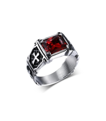 Red Gemstone Cross Ring for Men | Retro Street Jewelry