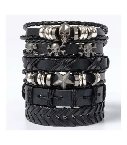 Black Punk Skull & Star Bracelet Set – 6pcs