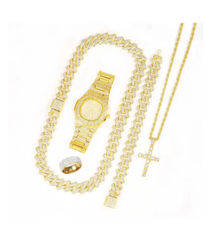 6pcs Cross Watch & Cuban Chain Jewelry Set