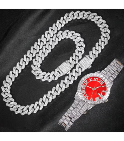 3pcs Iced Out Cuban Chain Watch Set