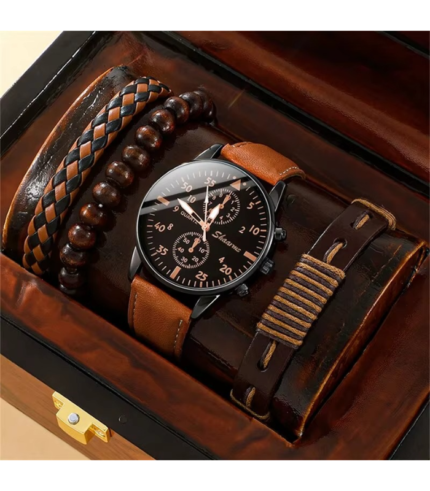 Men’s Brown Leather Quartz Watch & Bracelet Set