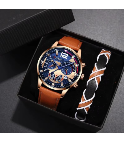 Men’s Brown Leather Quartz Watch Set – 2pcs