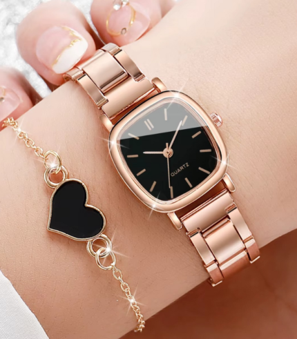 2pcs Women’s Square Quartz Watch & Bracelet Set