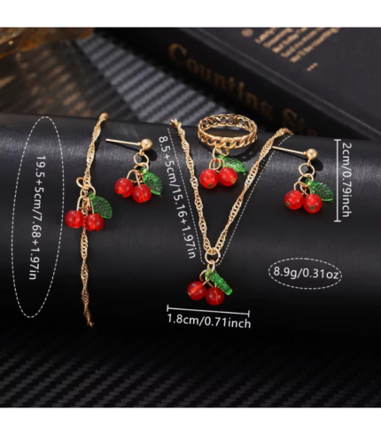 6pcs Women’s Red Quartz Watch & Jewelry Set